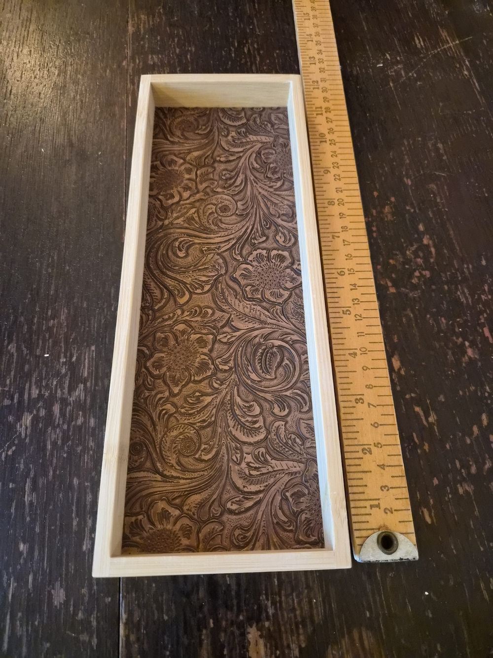 Handmade Wood Valet Tray with Western Tooled Leather-Look Insert